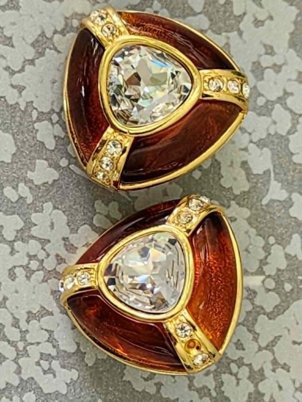 JOAN RIVERS  'Judy' goldtone rootbeer lucite clear crystals shield clip earnings